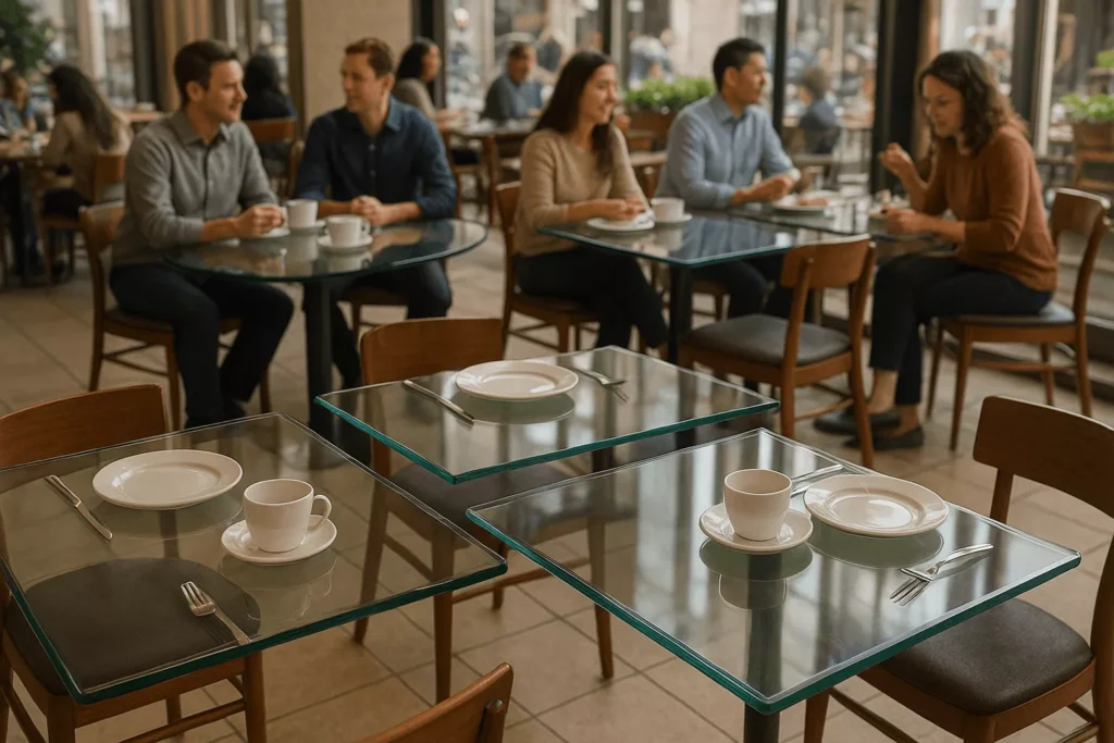Commercial restaurant interior with glass tabletops in various thicknesses, shapes, and polished edges, demonstrating safety, durability, and modern design suitable for high-traffic dining areas.