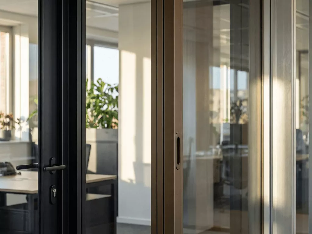 Office glass partitions with black, bronze, and anodized profiles, pivot doors, soft-close sliders, and realistic hardware.