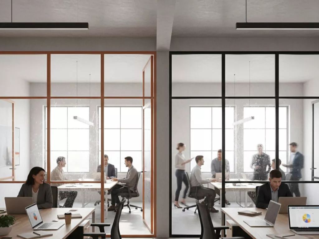 Realistic modern office with framed glass partitions, employees working, daylight, reflections, and natural activity.
