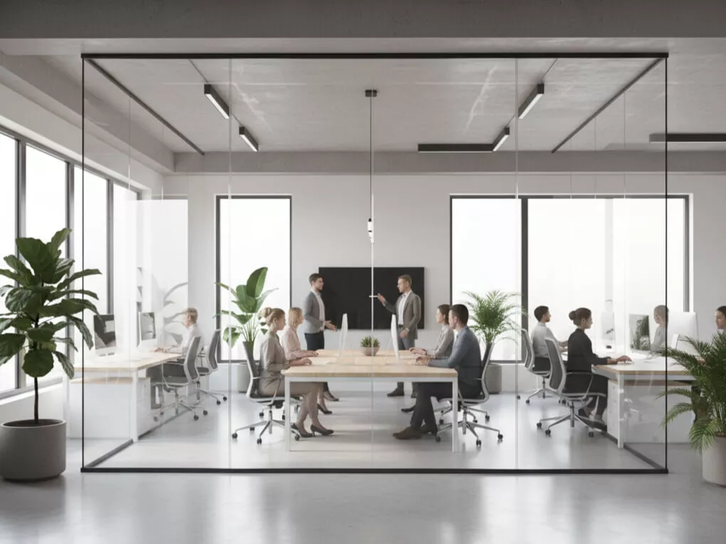 Modern office with frameless glass partitions, recessed profiles, natural light, soft reflections, and staff collaborating.