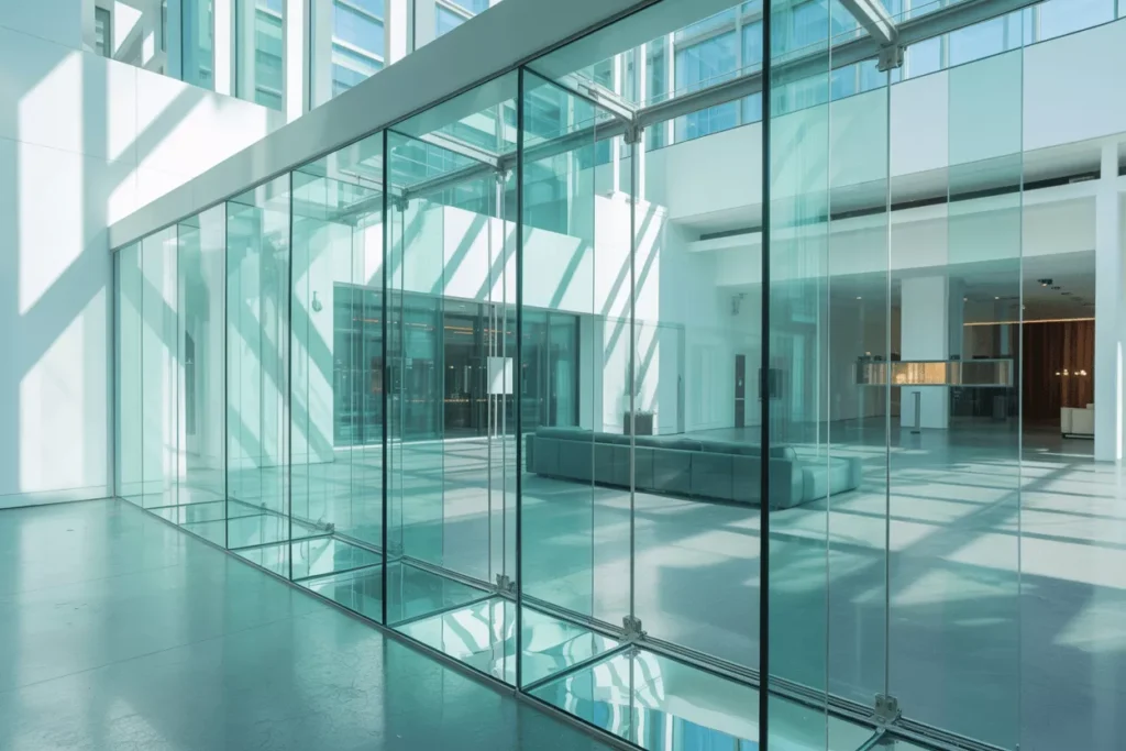 Frameless insulated glass panels in a bright modern space, showing clear edges and seamless floor-to-ceiling installation.