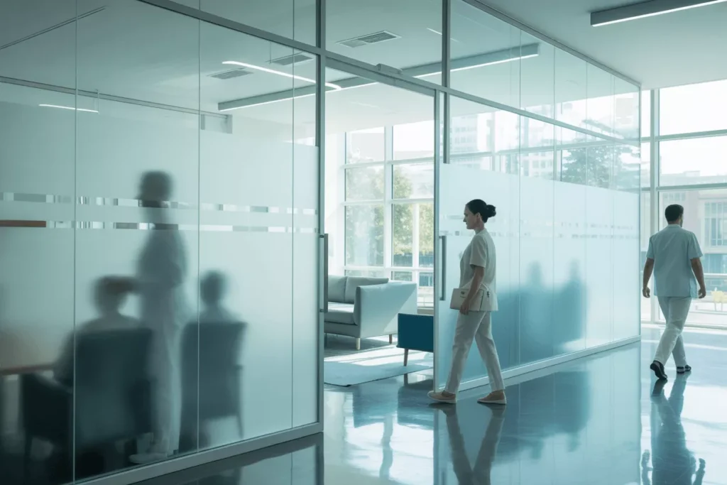Healthcare spaces using frosted glass panels for privacy while maintaining natural light and modern design.