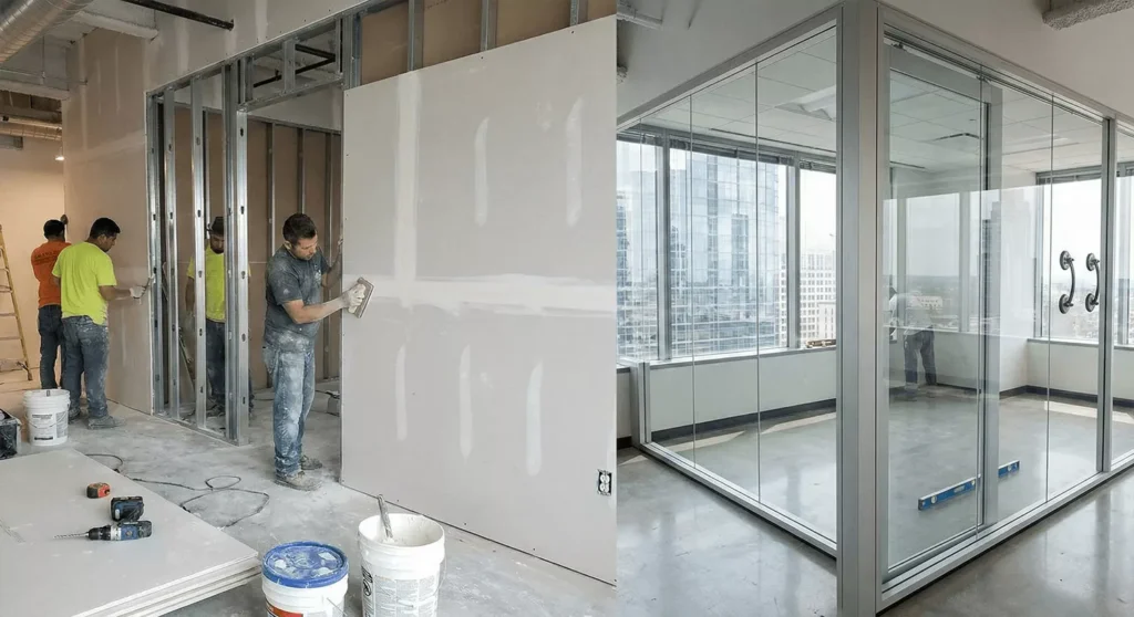 Comparison of glass partitions vs drywall in office construction, showing speed, light, and modern aesthetics.