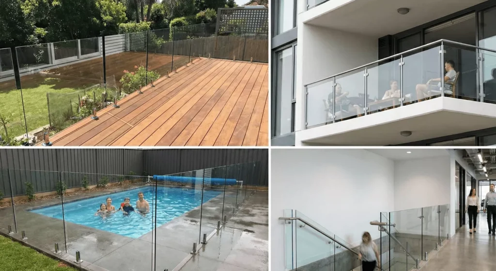 Photo of frameless, laminated, spigot, post-mounted, and base-shoe glass railings in real spaces with lighting and reflections.