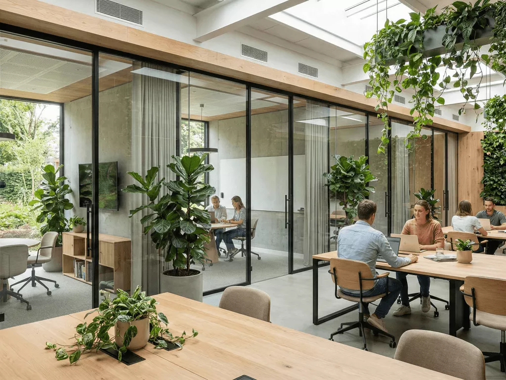 Modern office with clear glass partitions, natural light, indoor plants, and outdoor views enhancing employee well-being.