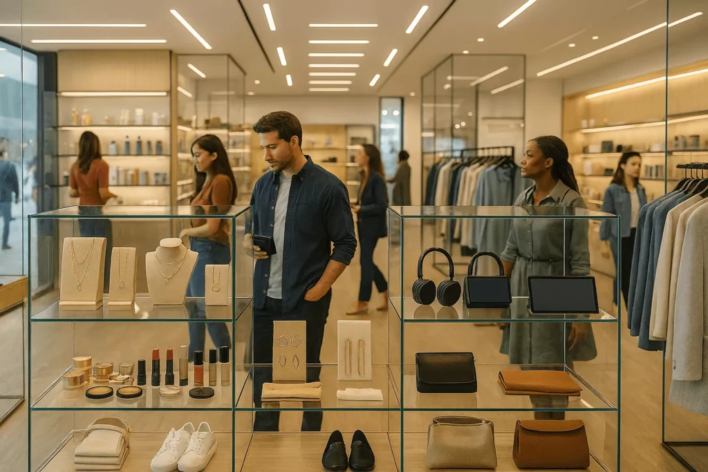 Modern retail store with low-iron glass display cases for jewelry, cosmetics, and electronics, showing shoppers browsing, LED-lit products, and a professional, high-end shopping environment.