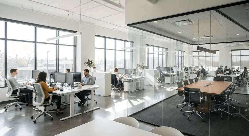 Modern commercial office with glass partitions, bright light, open layout, and productive professional workspace.