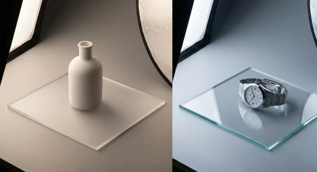 Side-by-side acrylic vs glass surfaces showing soft vs crisp reflections, shadow intensity, and color neutrality in studio.