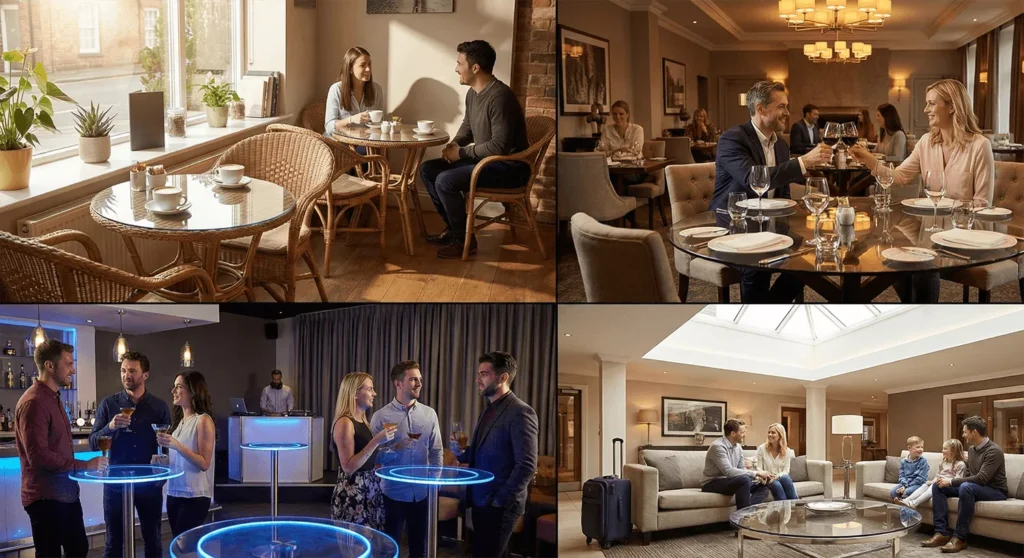 Round glass tables in cafés, restaurants, bars, and hotels showing reflections, lighting, and upscale hospitality spaces.