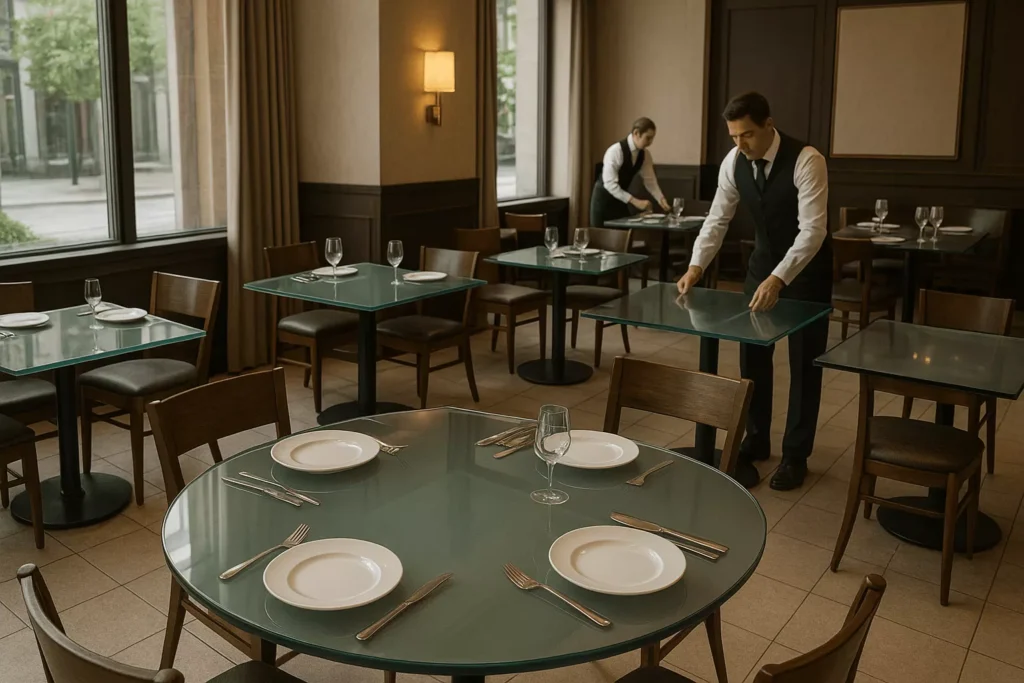 Modern restaurant interior with commercial glass tabletops in various shapes and finishes, showing tempered and laminated glass with flat polished edges, frosted and tinted options, emphasizing durability, hygiene, and stylish design.