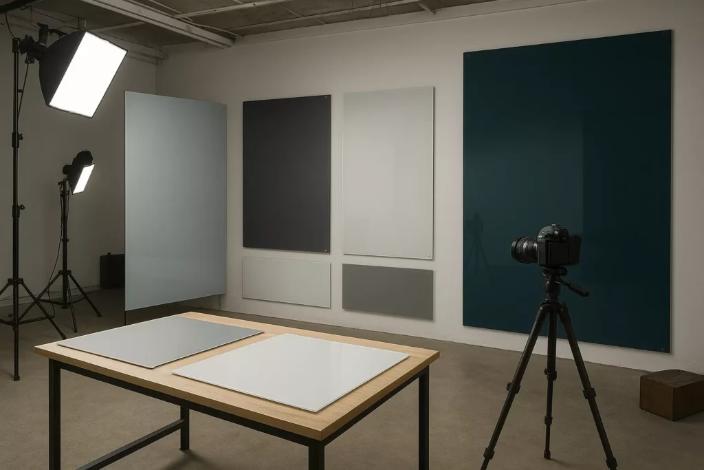 Content studio displaying tabletop, vertical, and full-wall back-painted glass panels in gloss and matte finishes, with low-iron, tempered, and laminated types installed using silicone, Z-clips, and magnetic rails.