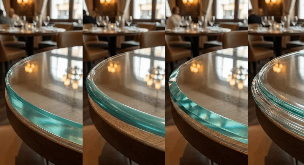 Round glass restaurant tables showing flat, pencil, beveled, and OGEE edge styles with reflections and realistic lighting.