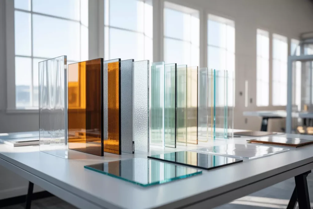 Laminated glass panels of PVB, SGP, and acoustic types with varying thicknesses and finishes in an architectural studio.