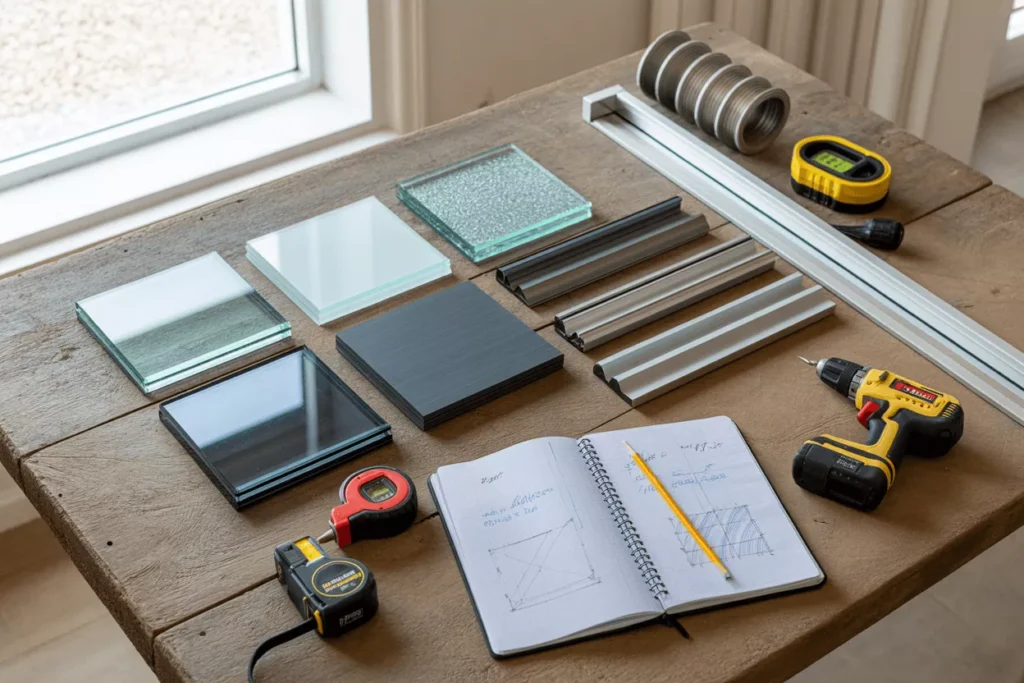 Flat-lay showing glass divider samples, metal frames, measuring tape, and installation tools on a wooden workbench.