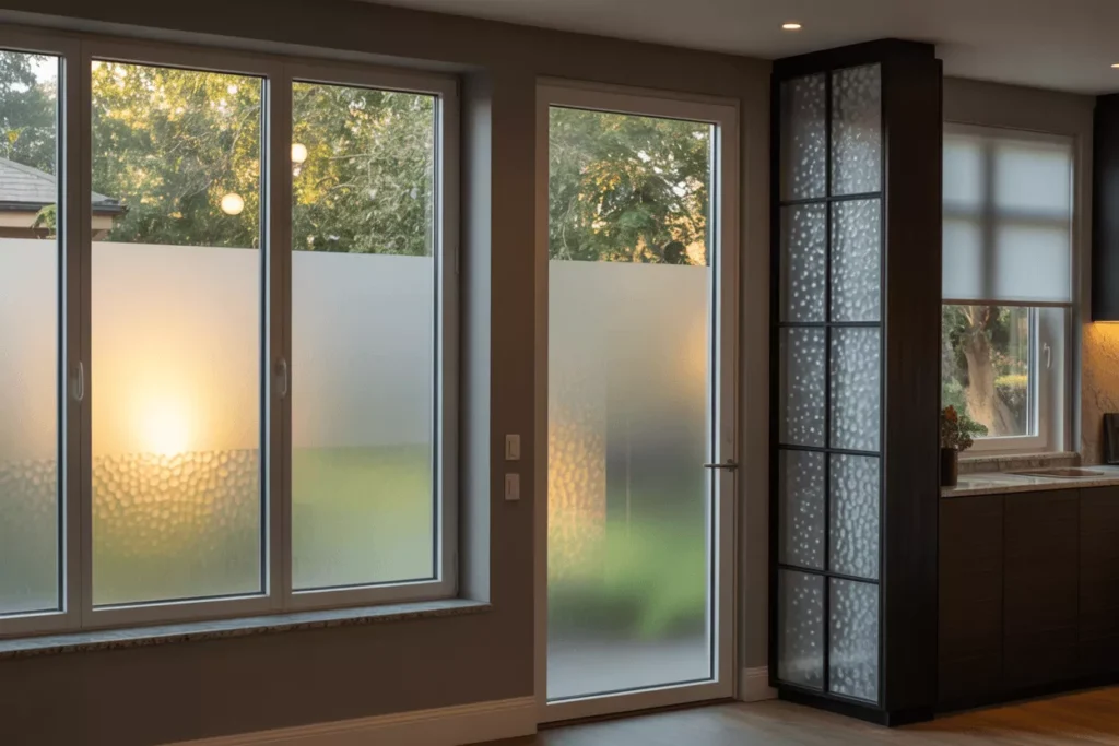 Home interior showing frosted film, patterned glass, and laminated glass used to add privacy to doors and windows.