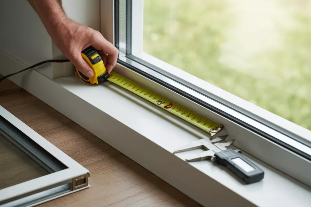 Technician measuring a window frame with tools to determine width, height, and thickness for a replacement IGU.
