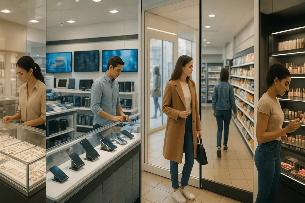 Realistic retail interiors with industry-specific glass: low-iron jewelry showcases, anti-glare electronics counters, mirrored clothing displays, laminated convenience store partitions, and ultra-clear cosmetics shelves, showing authentic reflections, lighting, and shopper interaction.