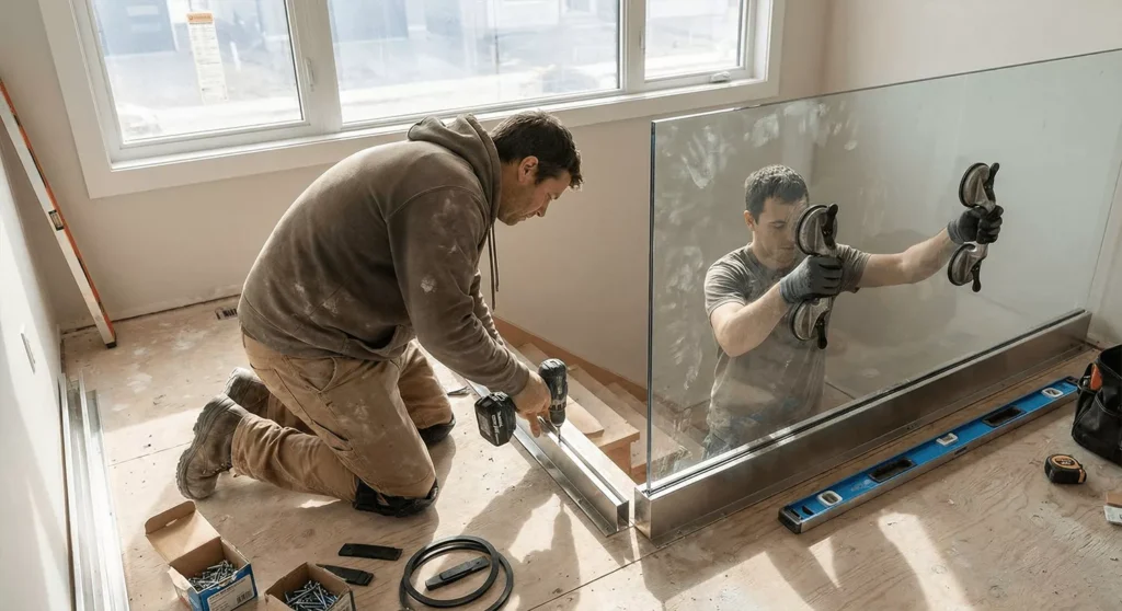 Authentic jobsite photo of workers installing a glass railing with tools, hardware, and real construction details