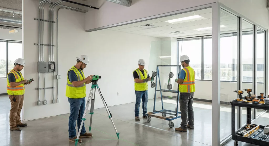 Contractors installing glass partitions with prefabricated panels, laser measurements, clean workflow, and fast, dust-free setup.