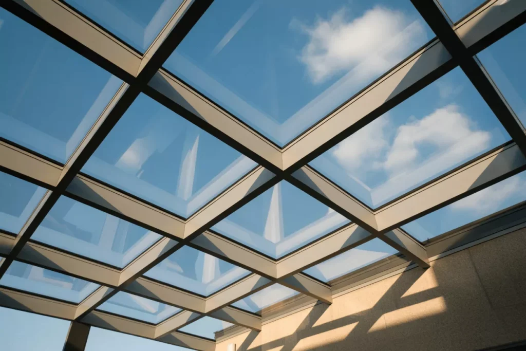 Insulated glass roof panels in a sunroom ceiling, letting in bright natural light while reducing heat and glare.