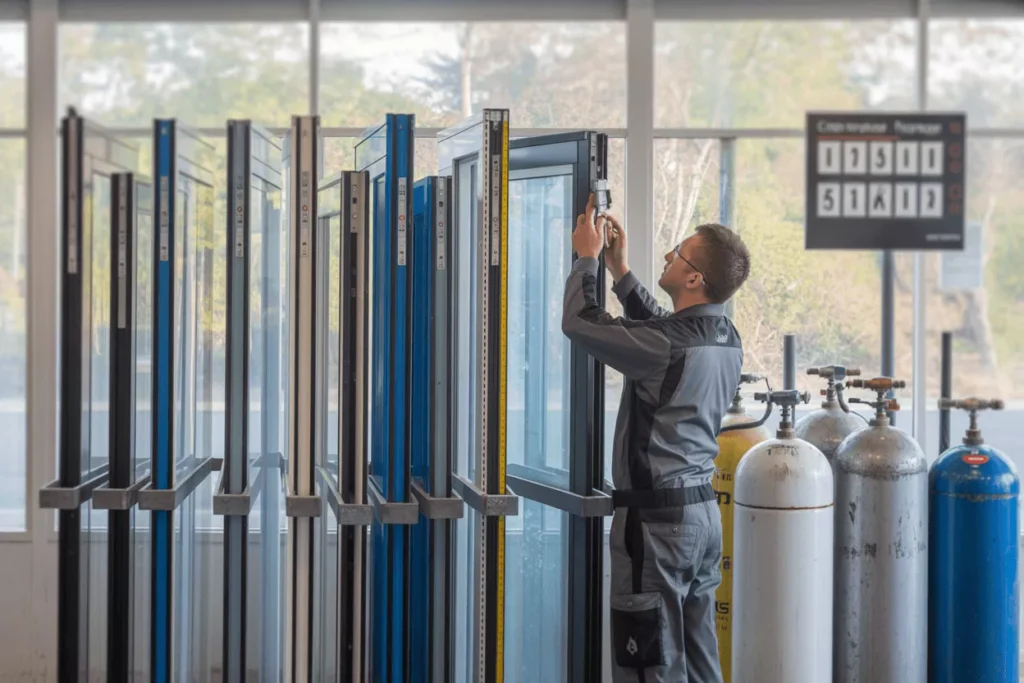 Insulated glass panels of various sizes, coatings, and pane types displayed in a showroom with tools and gas tanks nearby.