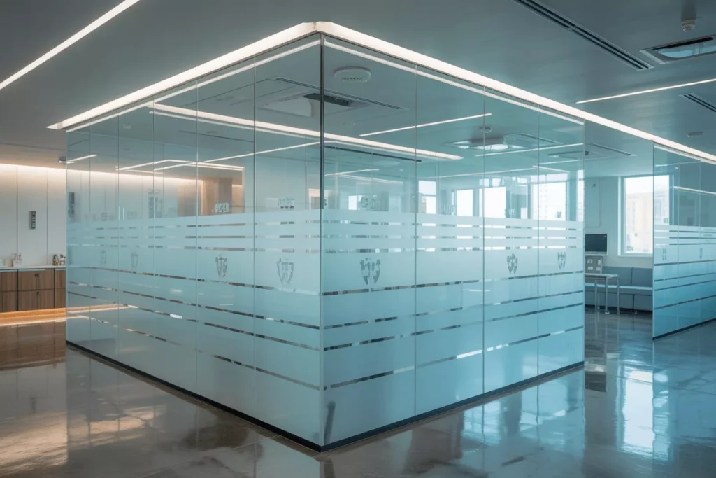 Healthcare space with frosted safety glass panels offering privacy, impact resistance, acoustic control, and easy disinfection.