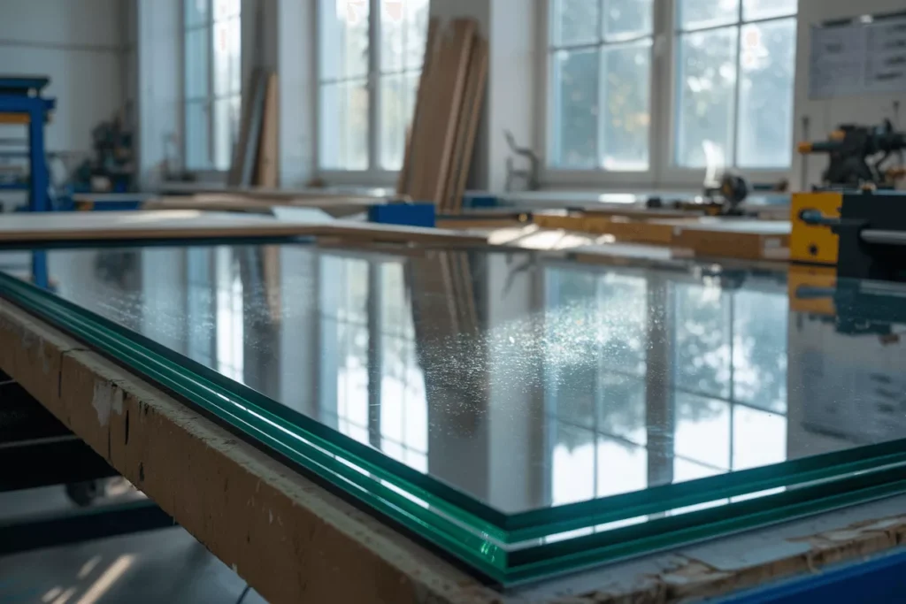 Close-up of a Low-E insulated glass panel showing a subtle metallic coating reflecting light in a real workshop setting.