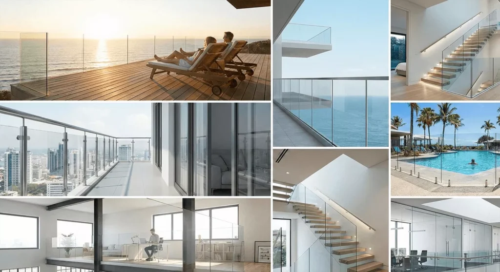 Luxury glass railing designs on decks, balconies, stairs, pools, lofts, and modern commercial spaces.