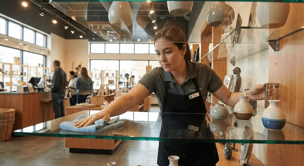 Retail staff inspecting and cleaning glass shelves, checking brackets and using rubber bumpers for safe display maintenance.