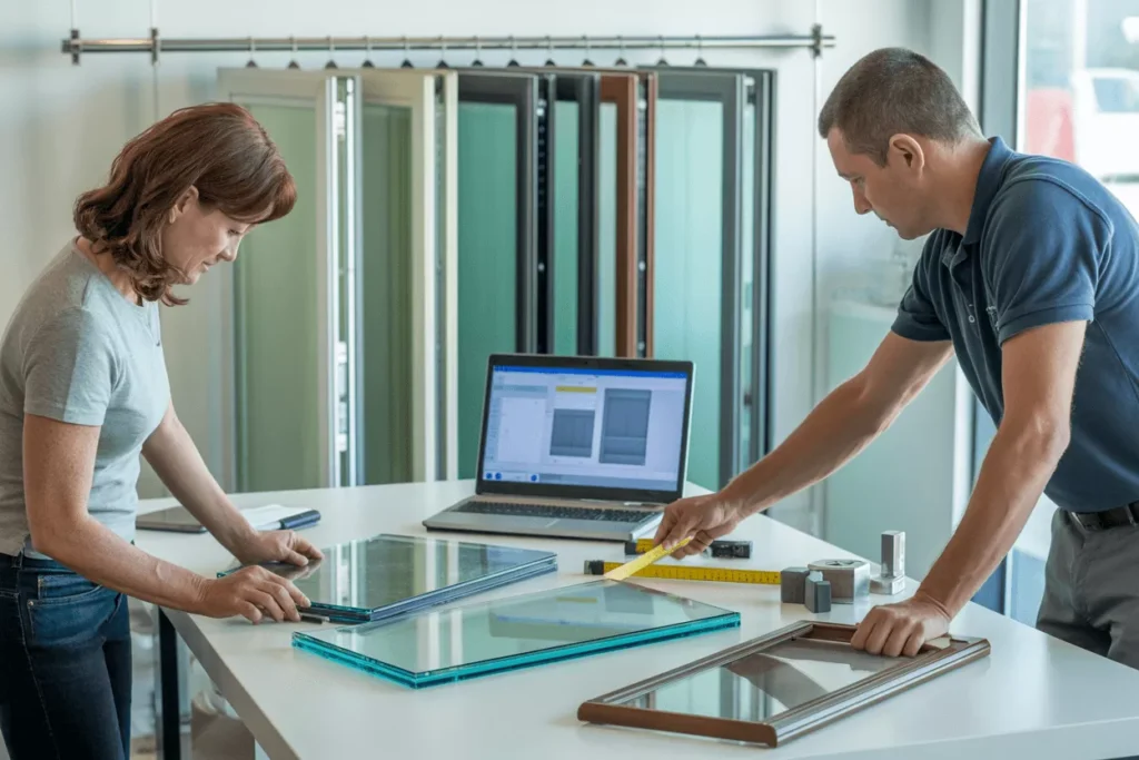 Homeowner and technician reviewing insulated glass options at a workstation with samples and tools displayed.