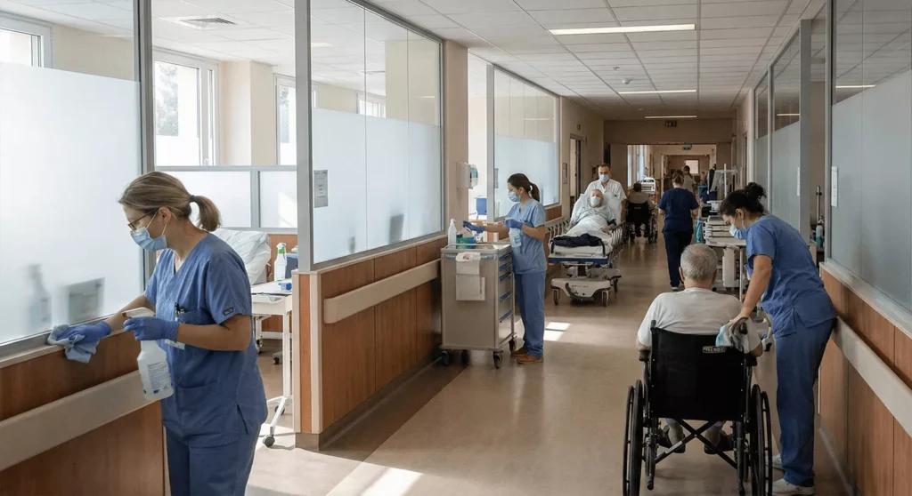 Frosted glass hospital partitions with diffused light, cleaning staff, durable panels, and realistic medical environment.