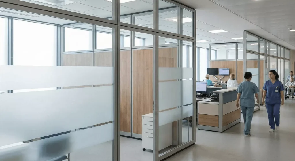 Frosted glass partitions in hospital with daylight, partial frosting, staff, and flexible, patient-friendly layouts.