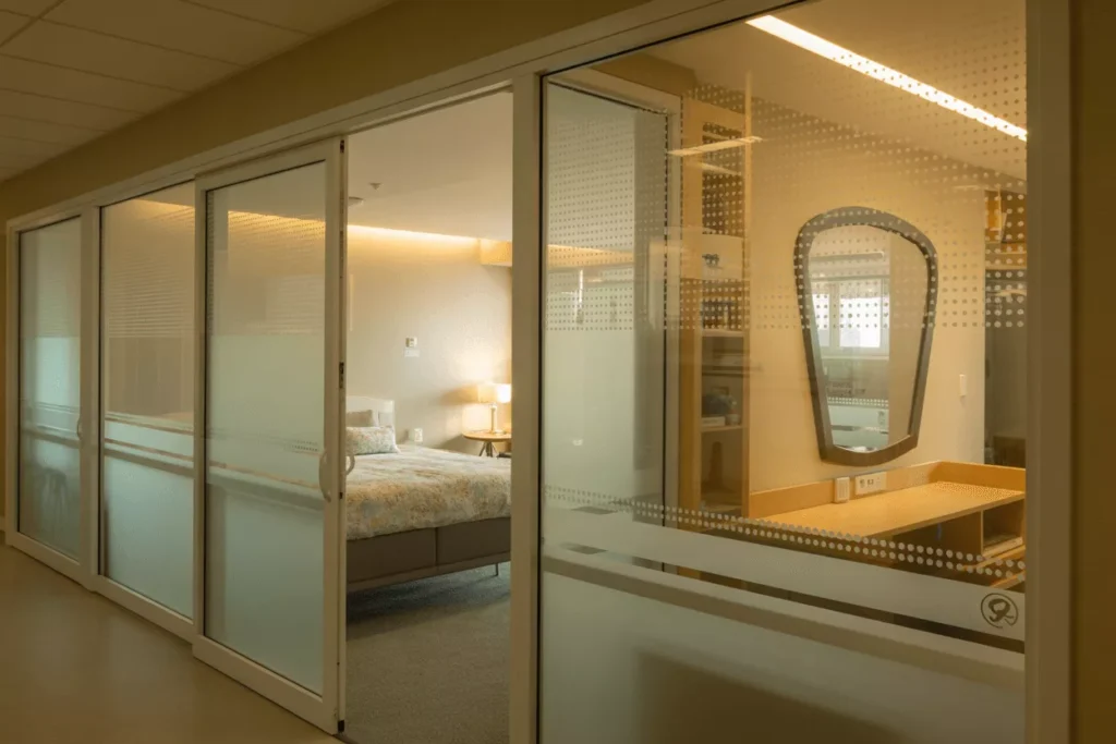 Memory-care facility with impact-resistant frosted glass partitions, rounded corners, and anti-shatter safety features.