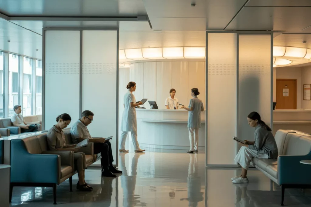 Clinic waiting area with frosted glass partitions, ensuring privacy, natural light, and a welcoming, professional space.