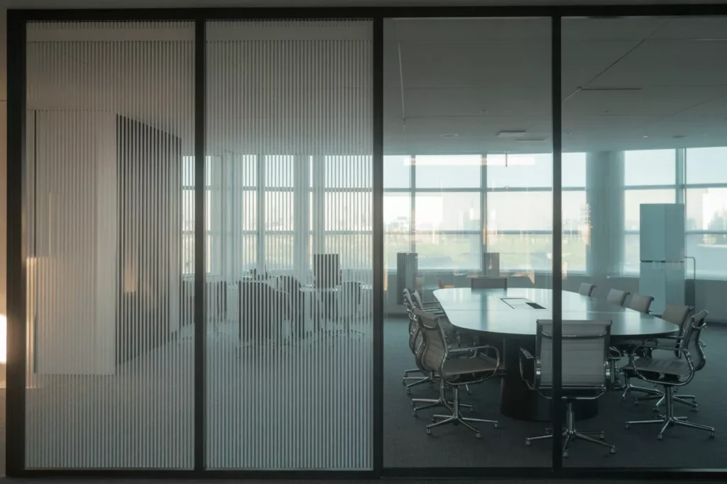 Modern office conference room with switchable privacy glass panels, showing clear and opaque modes side by side.
