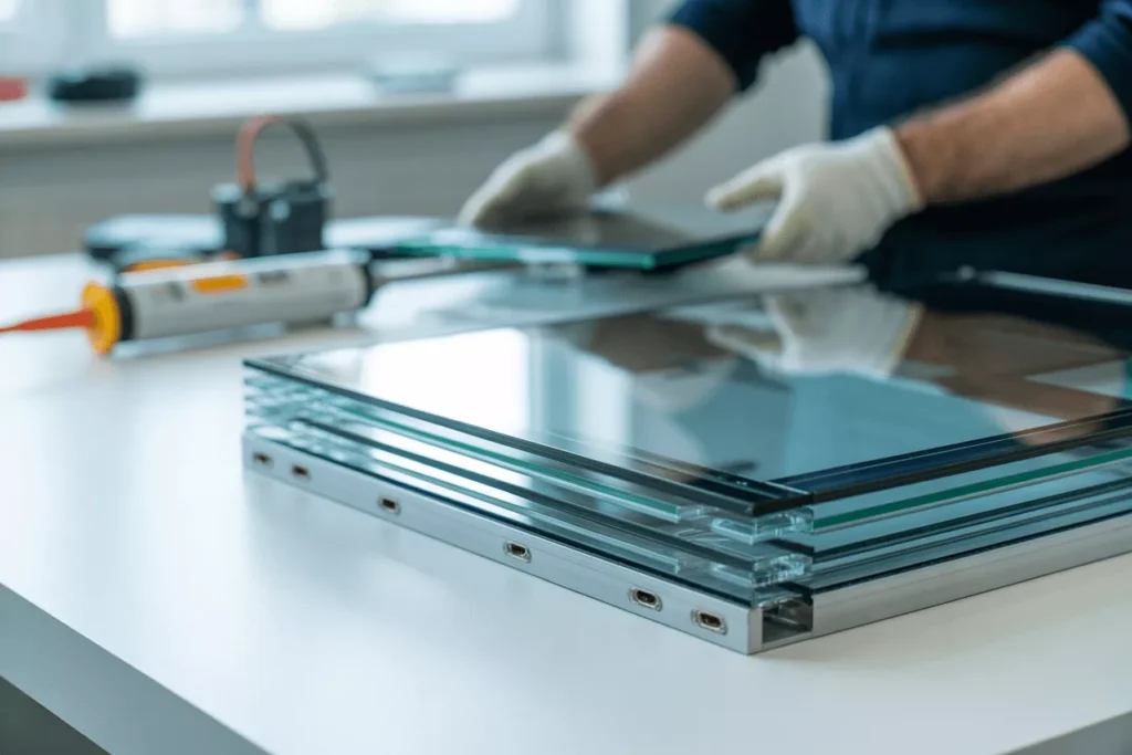 Close-up of an insulated glass unit showing multiple panes, spacers, and sealed edges on a workbench.