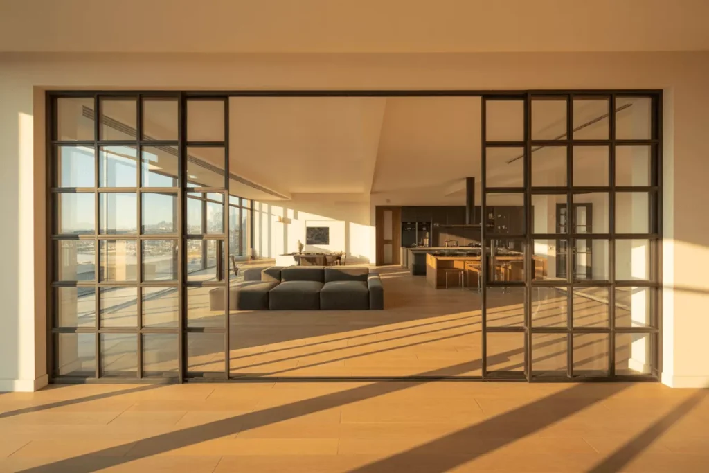 Floor-to-ceiling matte black sliding glass partition dividing a modern sunlit living room and dining area. 