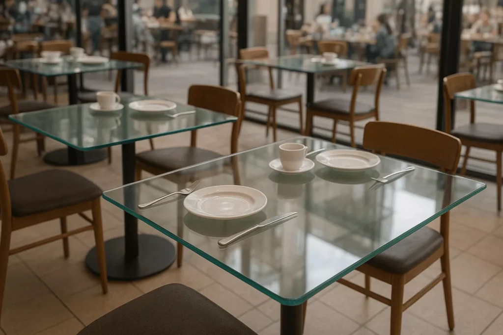 Modern restaurant and café interior with clear glass tabletops, highlighting hygienic, scratch-resistant surfaces in various shapes and polished edges, ideal for busy hospitality spaces.