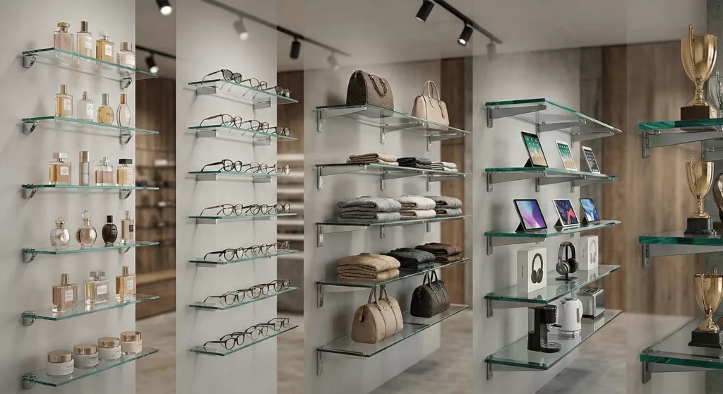 Retail glass shelves with industry-specific sizes for cosmetics, eyewear, electronics, trophies, and boutique displays.