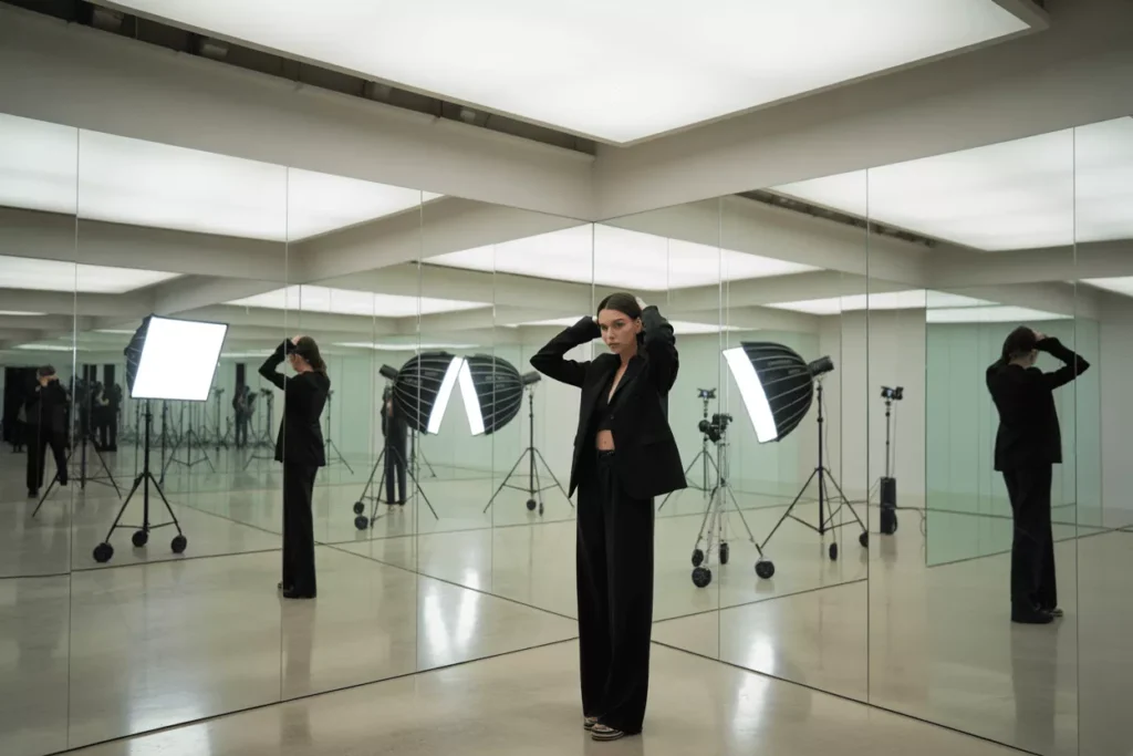 Low-iron studio mirrors providing ultra-clear, distortion-free reflections in a professional photography and filming setup with accurate color and skin tone rendering.