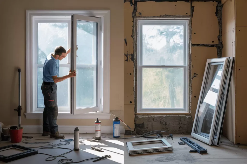 Side-by-side scene showing insulated glass replacement on one window and full frame replacement on another.