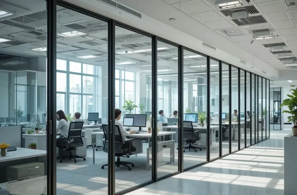 Modern office with tempered, laminated, and insulated glass partitions, natural light, staff, and realistic interior details.