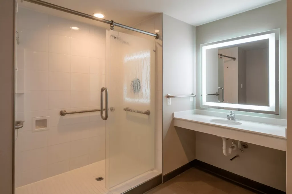 ADA-compliant senior bathroom with frosted glass shower panel, grab bars, and LED backlit shatter-resistant mirror.