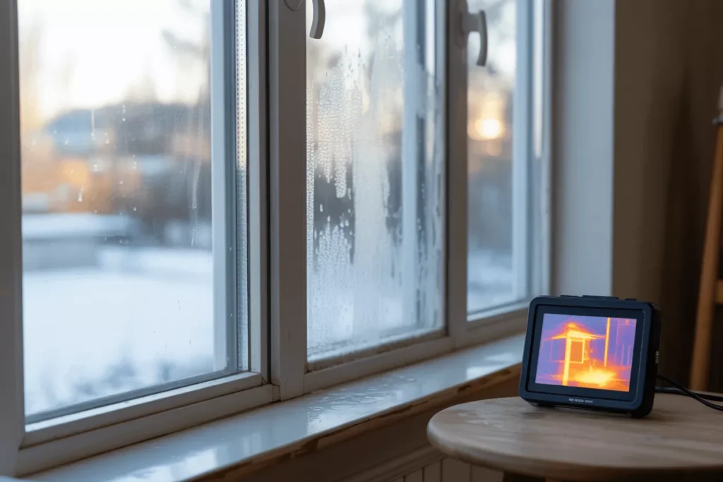 Foggy double-pane window with trapped moisture and heat-loss signs, indicating a failing insulated glass unit.