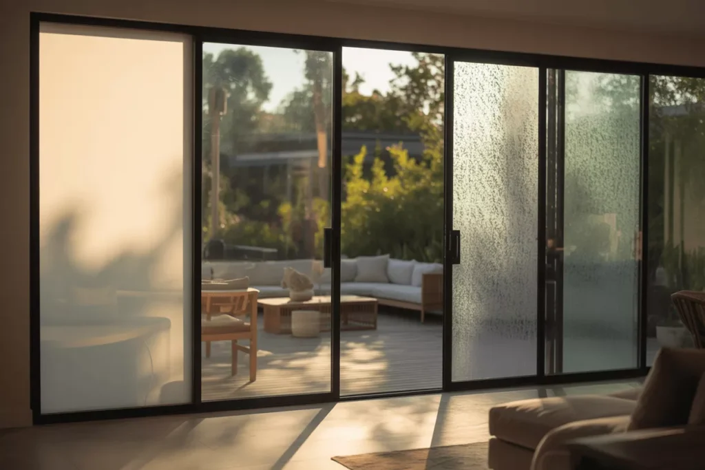 Sliding glass doors with privacy film and laminated privacy glass, filtering sunlight while blocking outside views.