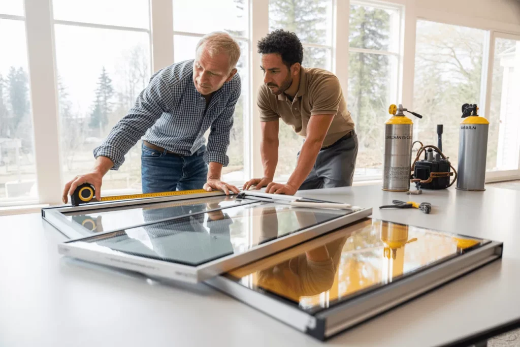 A technician measures a window frame while insulated glass panels and materials are prepared on a nearby workbench.