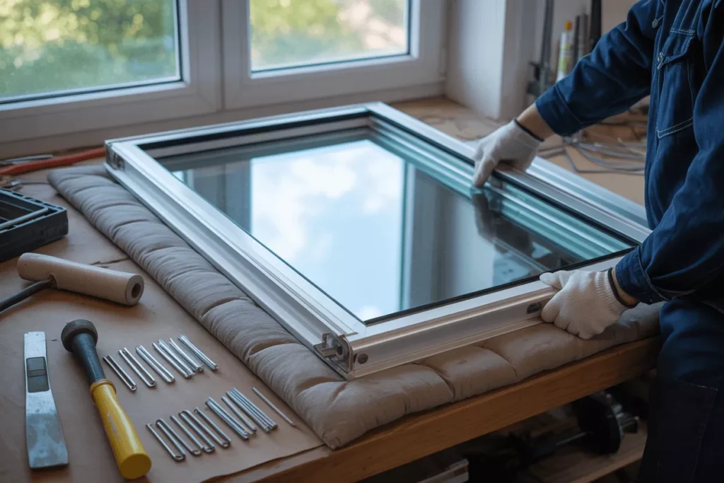 Technician installing a new insulated glass unit into a window sash with tools and removed components nearby.