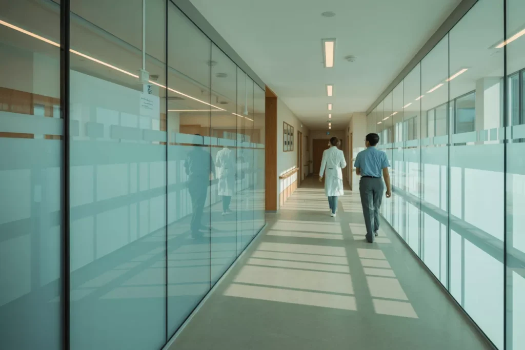 Hospital corridor with frosted glass panel systems diffusing light, protecting visibility and privacy around nurse stations and patient rooms
