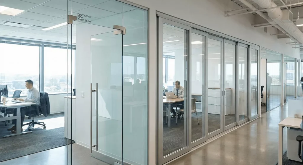 Modern office with glass partitions, showing frameless panels, pivot doors, acoustic seals, and safety labels.