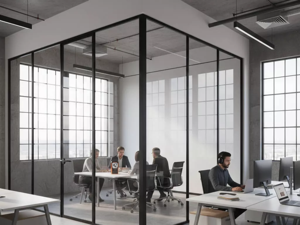 Modern office with glass partitions, acoustic seals, double-glazing, employees working, and daylight-filled spaces.